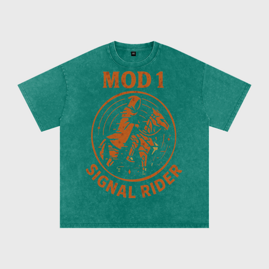 Green MOD 1 t-shirt with orange "Signal Rider" emblem and text on a light gray background