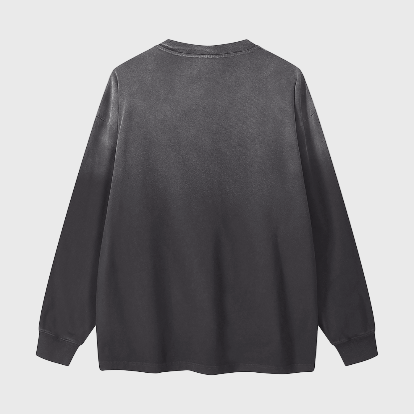 Black long-sleeve acid -washed MPOD 1 shirt on a light gray background