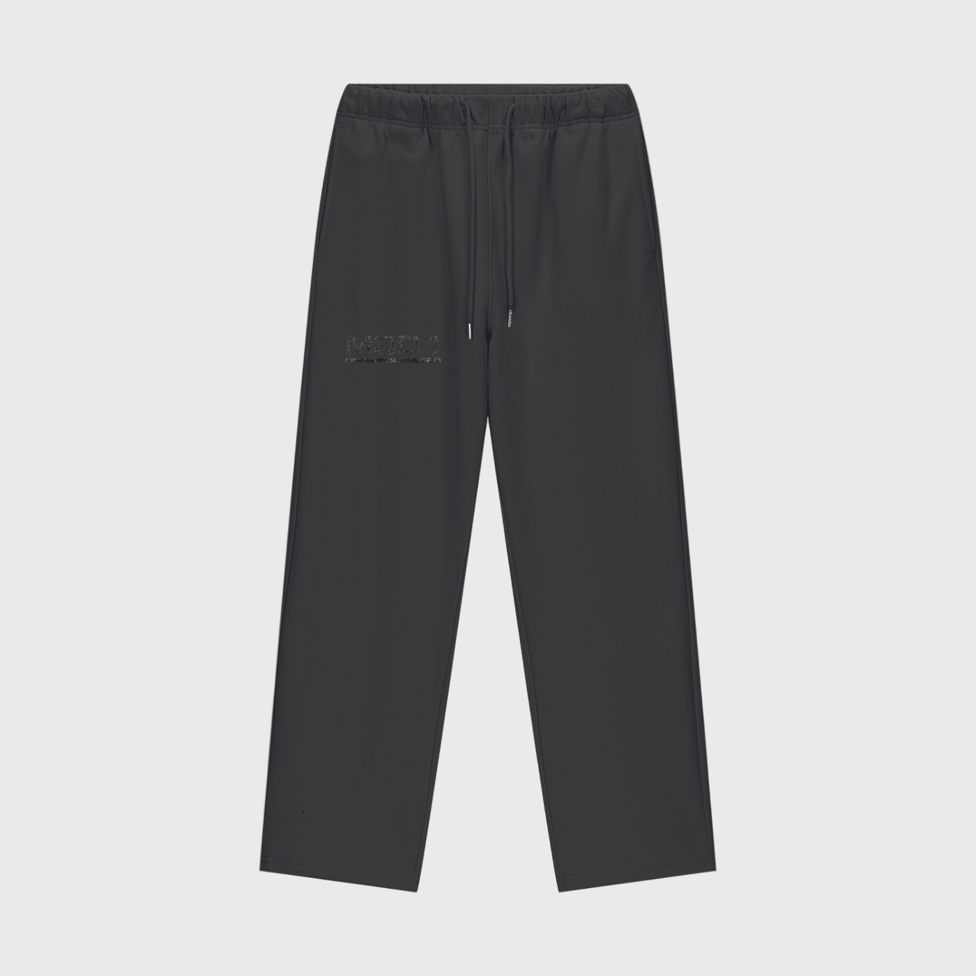 Black MOD 1 sweatpants  with text "MOD 1" underlined on a light gray background