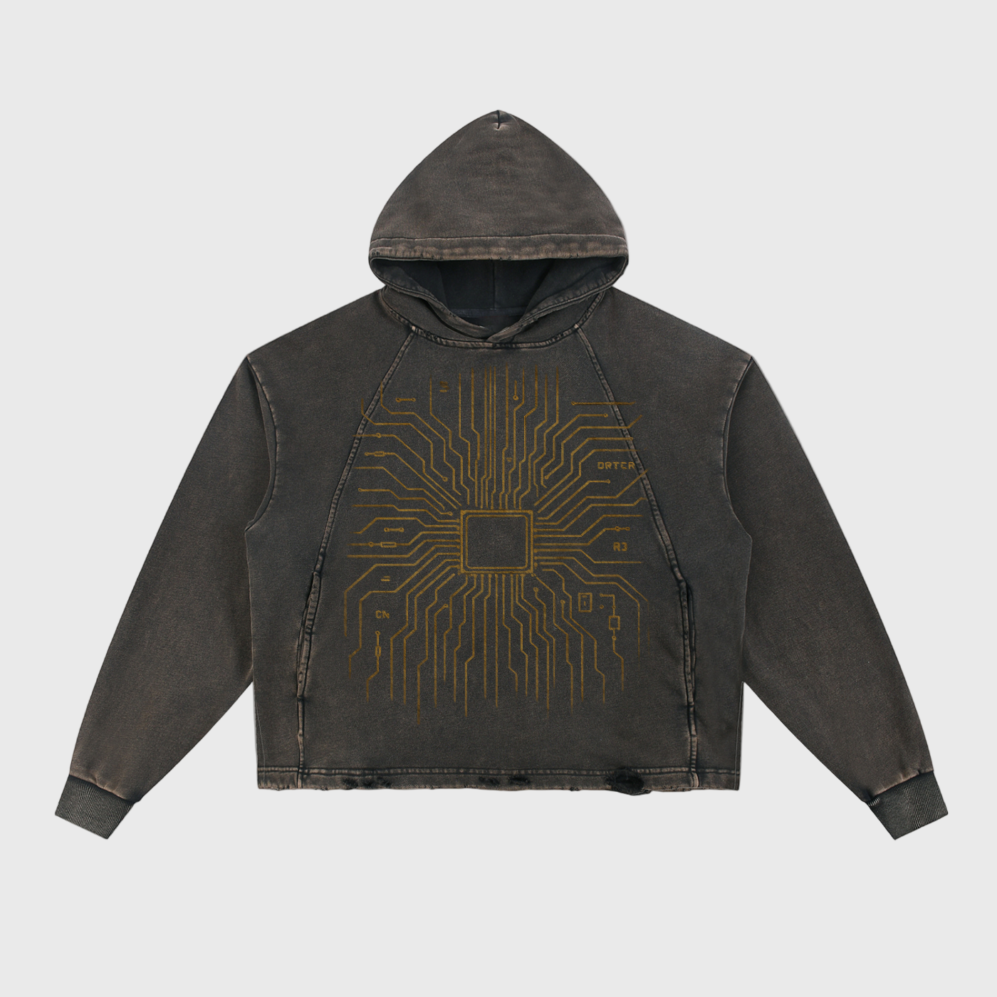 Dark gray hoodie with a circuit board design on a white background
