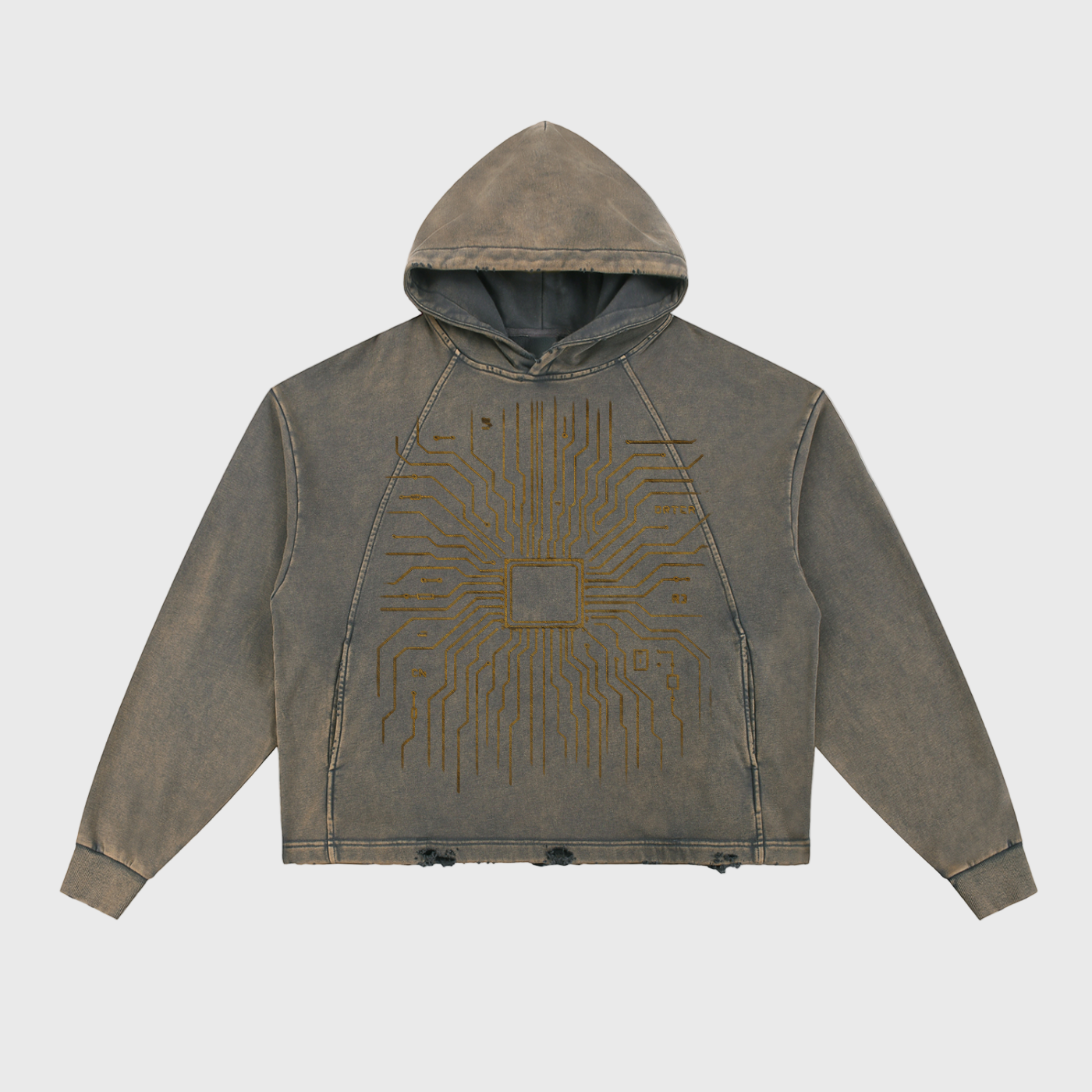 Brown hoodie with a circuit board design on a white background