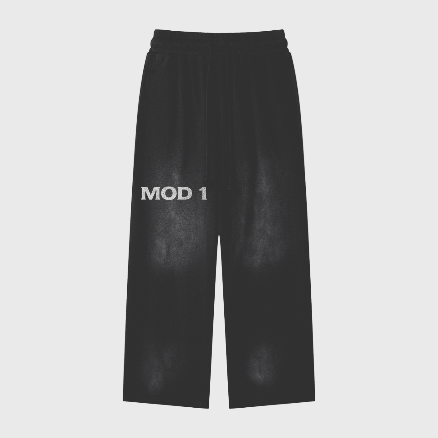 Black mode 1 wide leg pants with 'MOD 1' text on a light gray background