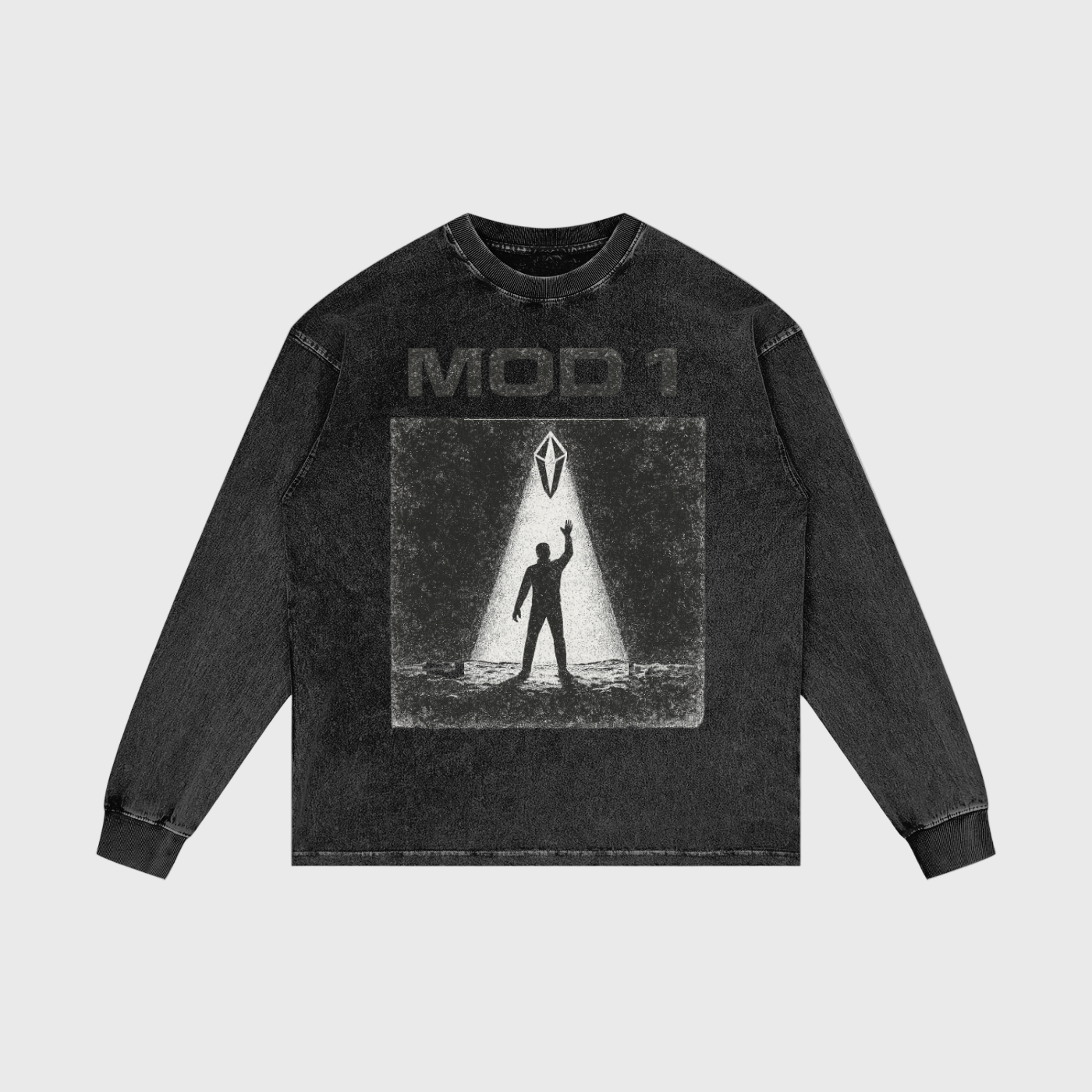 Black long-sleeve MOD 1 T-Shirt with graphic design and 'MOD 1' text on a white background