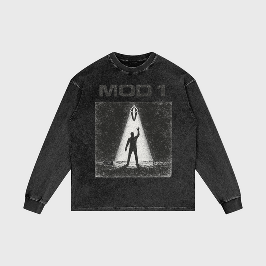 Black long-sleeve MOD 1 T-Shirt with graphic design and 'MOD 1' text on a white background