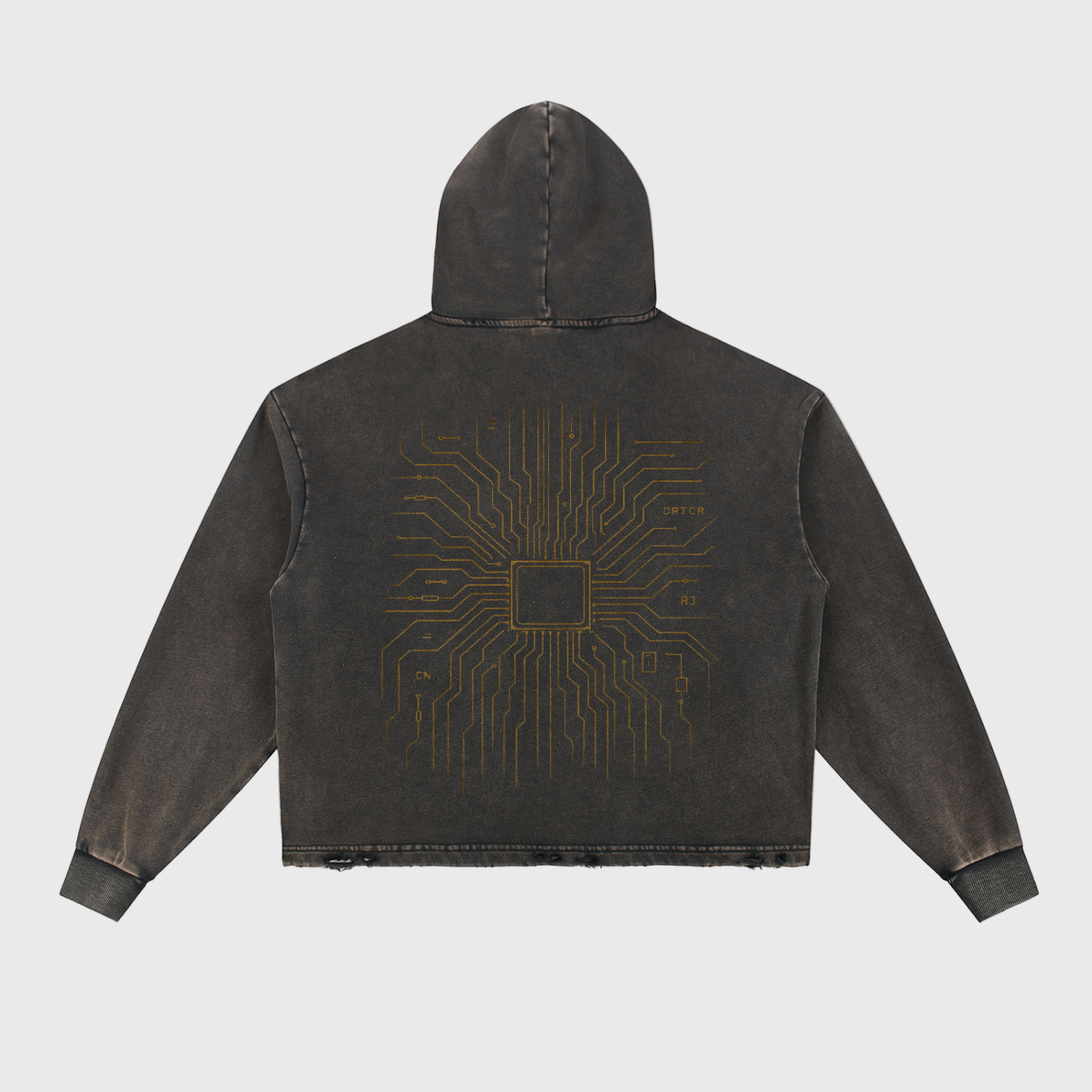 Dark denim hoodie with a circuit board design on the back against a white background
