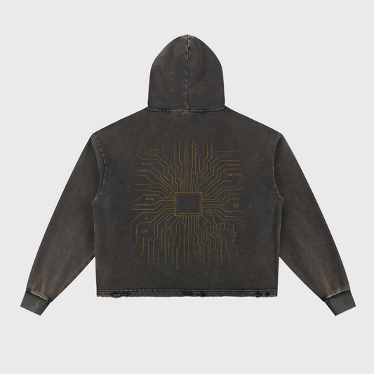 Dark denim hoodie with a circuit board design on the back against a white background