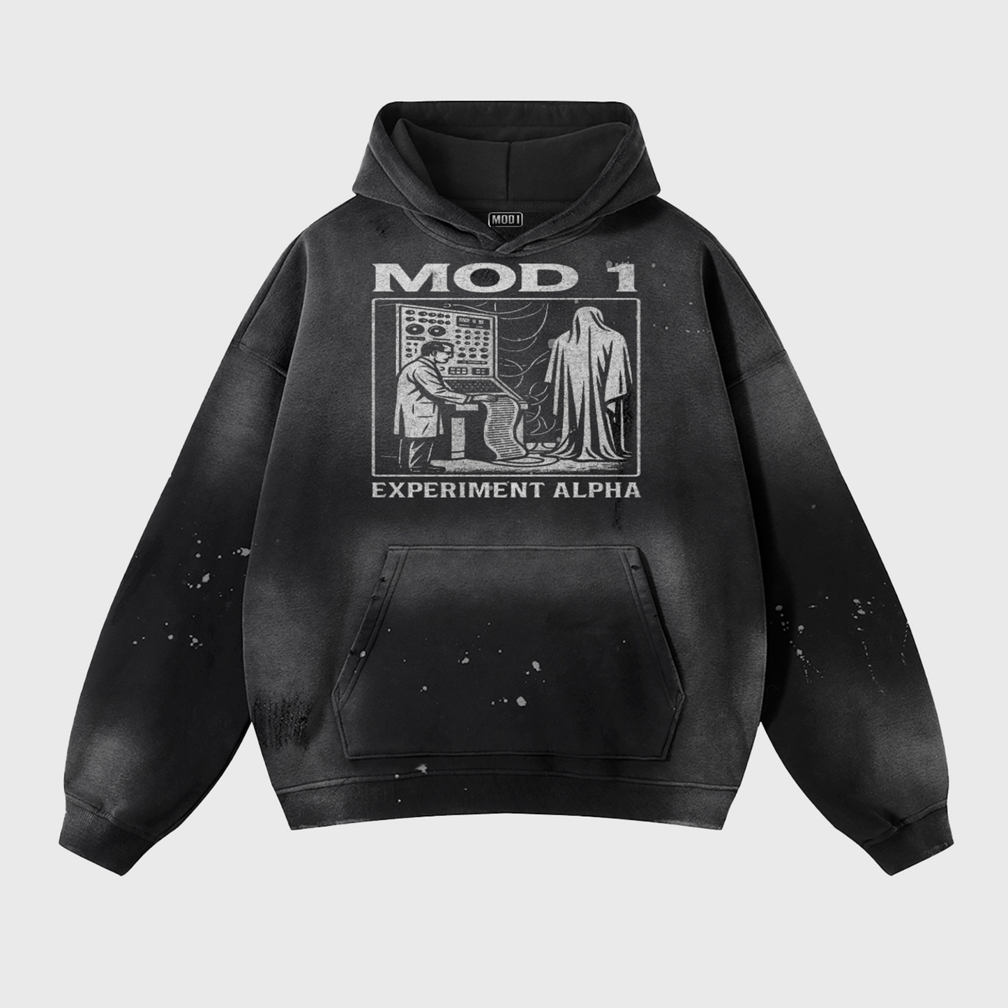 Black MOD 1 hoodie with graphic design and text on a light gray background