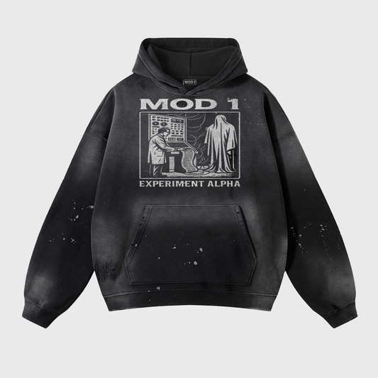 Black MOD 1 hoodie with graphic design and text on a light gray background