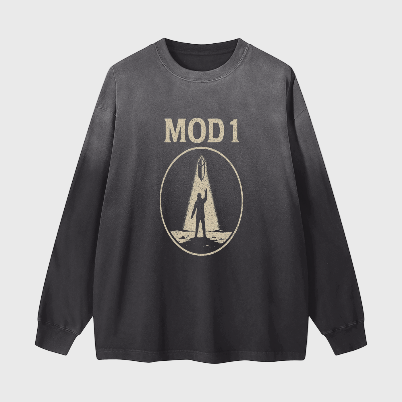 Black long-sleeve acid-washed MOOD 1 shirt with 'MOD 1' graphic design on a light gray background