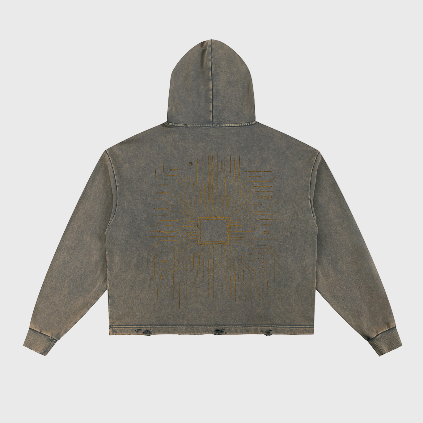 Back view of a hooded jacket with a circuit board design on a light gray background